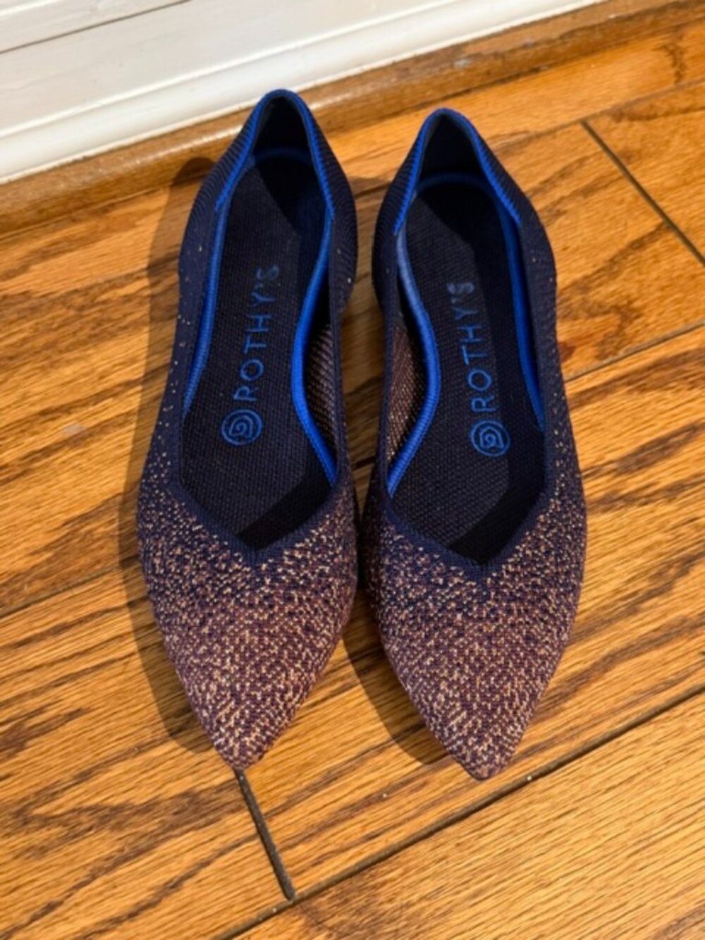 Rothy’s The Point Navy Purple Metallic Knit Pointed Toe Flats, Size 6.5